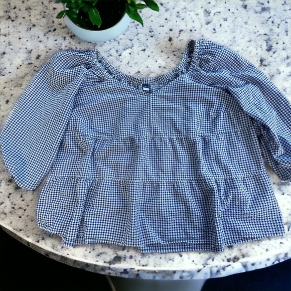 Blue Gingham Babydoll V-neck Tiered Women's Top - Picture 3 of 7